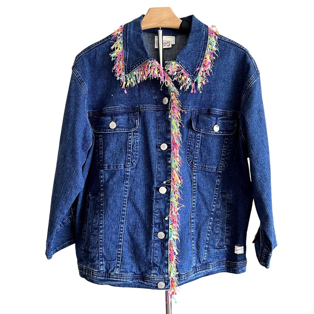 Beverlys Womens Denim Jacket Sz L Oversized Fringe Rainbow Boho Artsy Festival